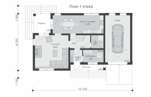 Проект двухэтажного жилого дома с гаражом и террасами